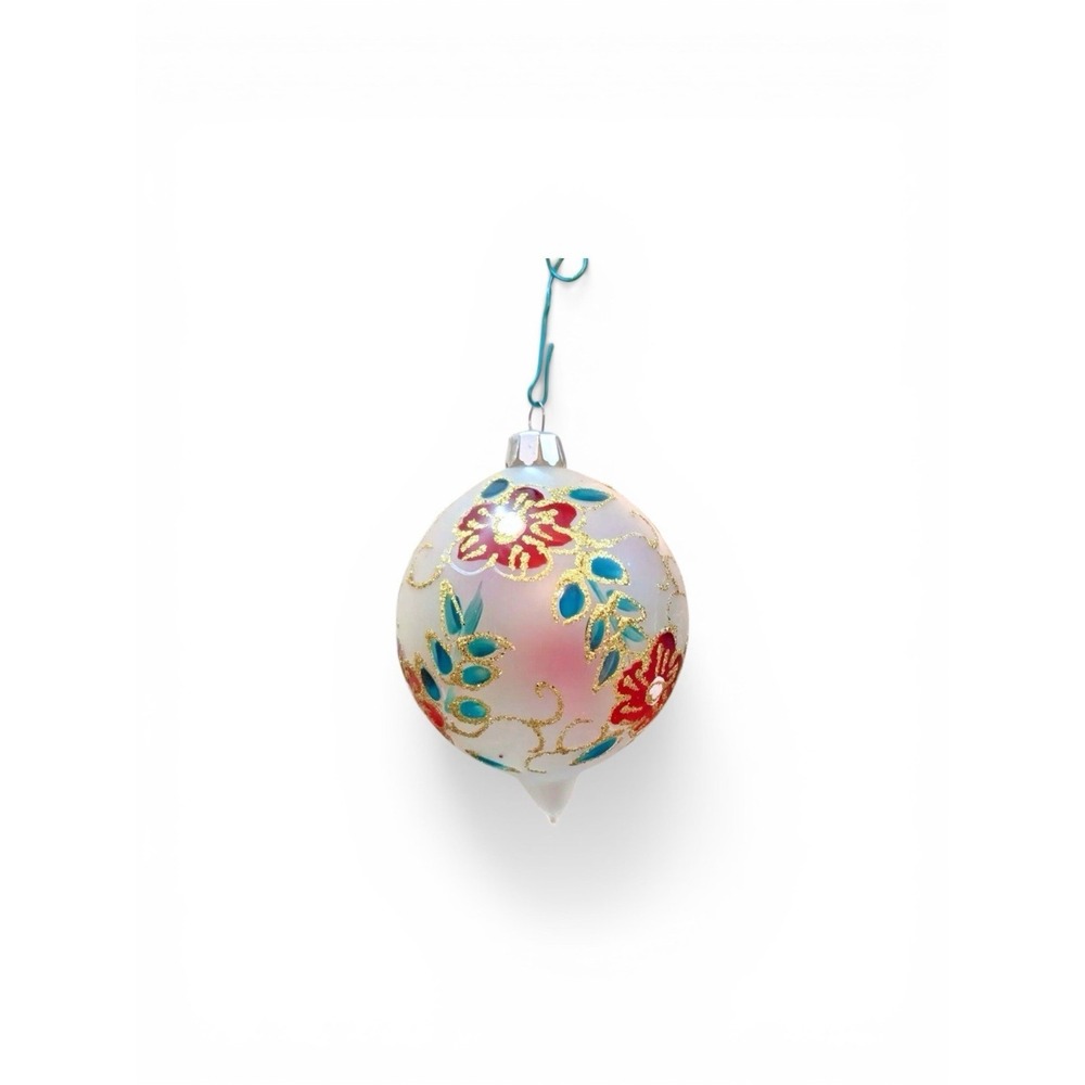 Vintage Poland Hand Decorated Glass Ornament Poinsettia Gold Glitter Teardrop